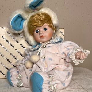 Porcelain Doll With Blue Bunny Ears 13.5” Long